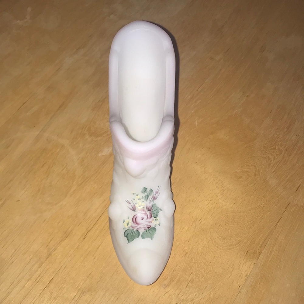 Fenton Burmese Glass Shoe, hand painted